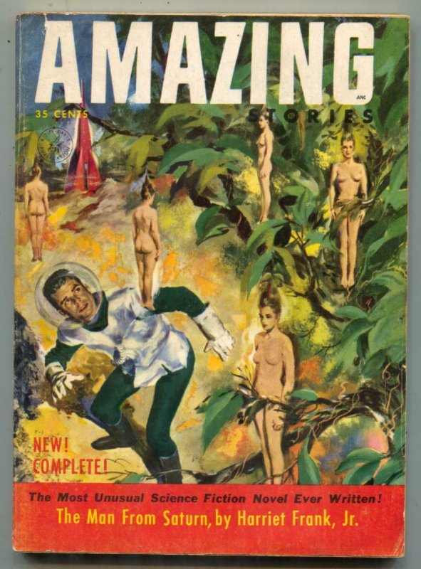 Amazing Stories June 1953- Man From Saturn- women hanging from trees 