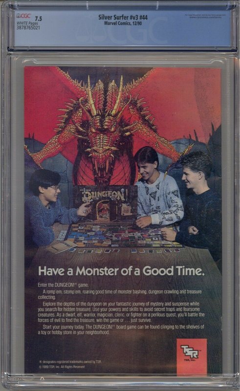 SILVER SURFER V3 #44 CGC 7.5 1ST INFINITY GAUNTLET WHITE PAGES NEVER PRESSED