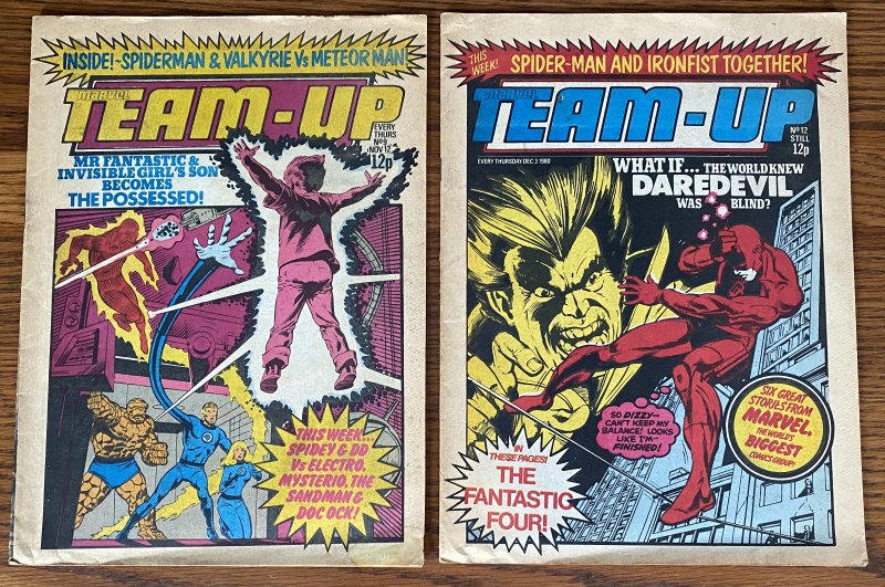 LOT OF 2 MARVEL TEAM-UP UK NEWSPAPER MAGAZINES #9 & 12 1980 DAREDEVIL England