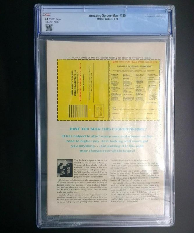 Amazing Spider-Man #130, CGC 9.4, 1st Spider Mobile Marvel, 1974