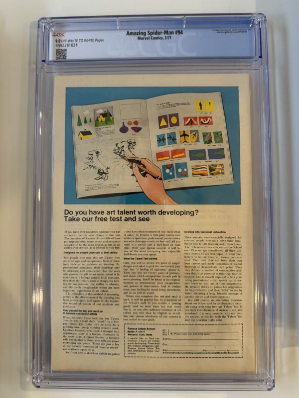 Amazing Spider-man #94  CGC 9.0  Marvel Bronze Age Issue - - Origin  (1971 )