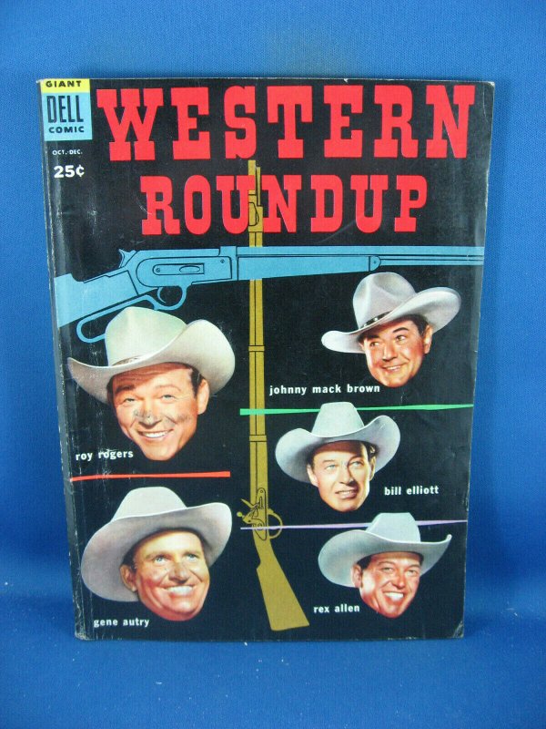 WESTERN ROUNDUP 8 F+ PHOTO COVER GENE AUTRY ROY ROGERS 1954 DELL GIANT