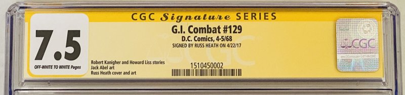 G.I. COMBAT #129 CGC 7.5 SINGLE HIGHEST GRADED SIGNED RUSS HEATH 1968 DC Comics