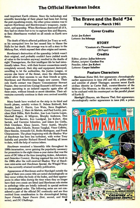 The OFFICIAL HAWKMAN INDEX #1 & #2 (1986) 8.0 VF Definitive Bibliography 1961-87