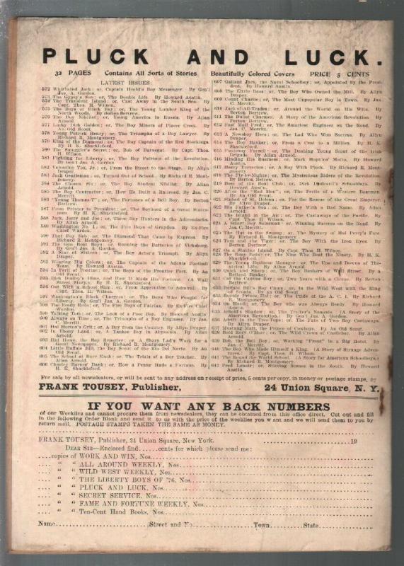 Pluck and Luck #642 9/21/1910-Tousey-Fred Lenoir-pulp fiction-FR/G