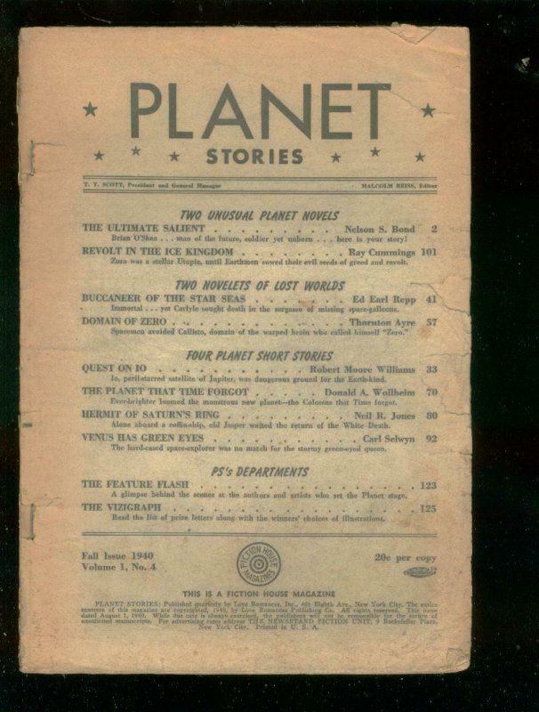 PLANET STORIES #4 - FALL 1940-FICTION HOUSE SCIENCE-FI P/FR