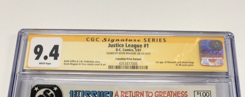 Justice League (1987) # 1 (CGC 9.4 SS) Signed Kevin Maguire • CPV • Story Giffen