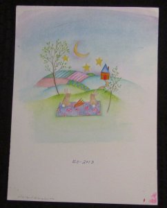 CUTE RABBIT PICNIC with Cresent Moon & Stars 9x12 Greeting Card Art #2013