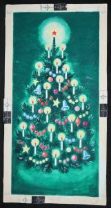 Original Christmas Greeting Card Art - Tree Candles Bells Stars Dark Green Back