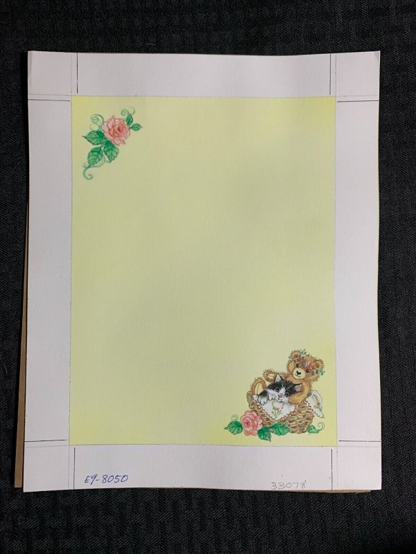 STATIONARY SHEET Cute Kitten Teddy Bear & Rose 8x10 Greeting Card Art #8050