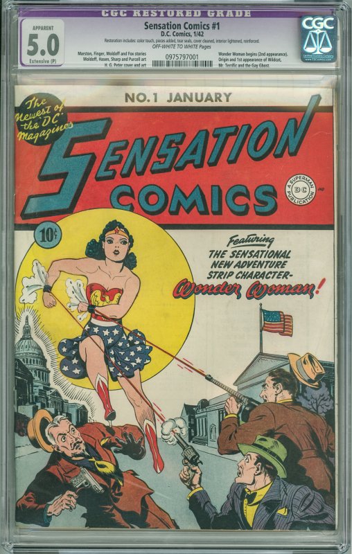 Sensation Comics #1 CGC 5.0 Restored! OWW Pages! See description for restoration