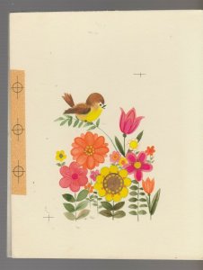 HAPPY BIRTHDAY Cute Bird w/ Tulip & Flowers 6.5x8 Greeting Card Art #B1176
