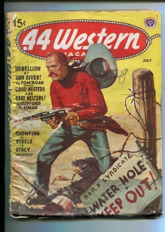 .44 WESTERN-07/1945-WESTERN PULP THRILLS-WATERHOLE GUNFIGHT COVER-RARE PULP-vg