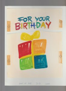 FOR YOUR BIRTHDAY Colorful Present w/ Bow 8x10 #8388 Greeting Card Original Art