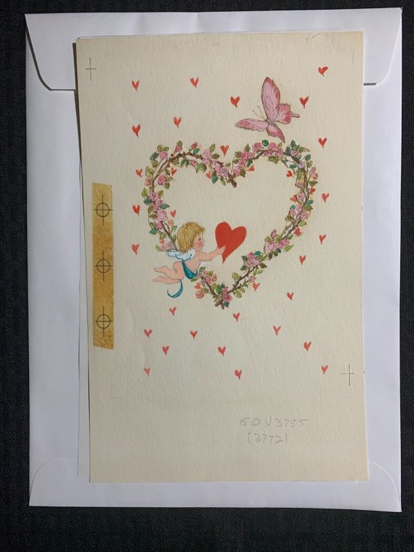 VALENTINES DAY Cupid w/ Heart Wreath & Butterfly 7x10.5 Greeting Card Art V3755