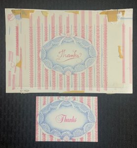 THANK YOU NOTE Blue Lace on Pink Backgraound 10.5x7 Greeting Card Art #1026