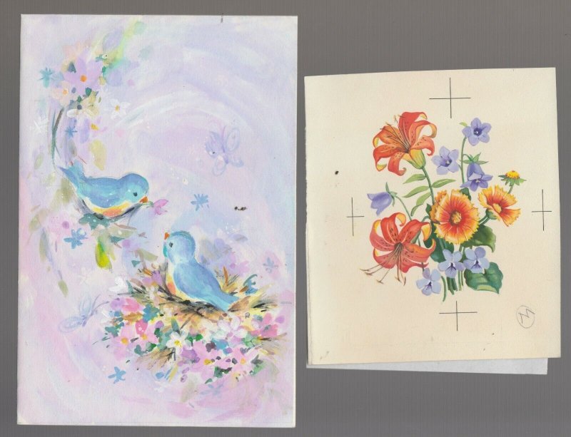 HAPPY EASTER Two Blue Birds & Orange Flowers 5x7.25 Greeting Card Art LOT of 2