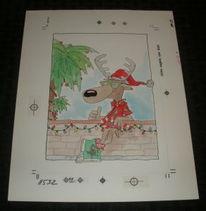 MERRY CHRISTMAS Cartoon Reinderr on Vacation 7.5x9.5 Greeting Card Art #11532