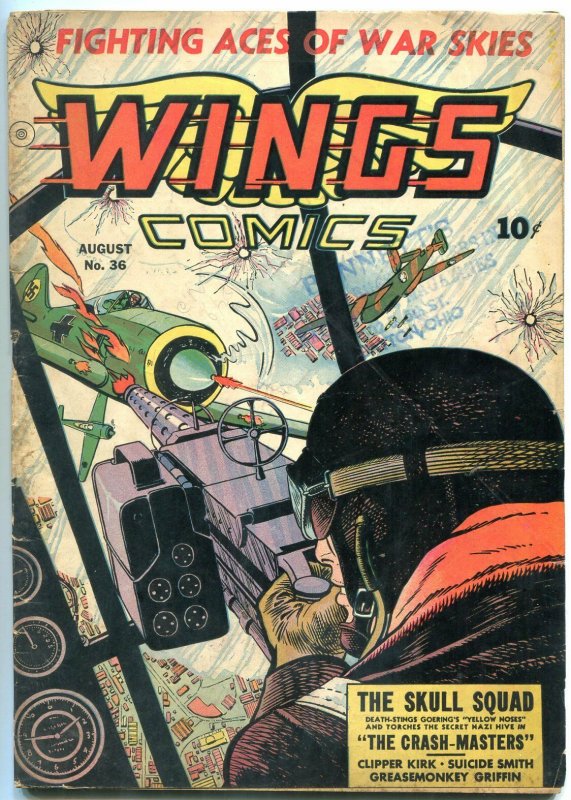 WINGS COMIC #36 1943-FICTION HOUSE-SKULL SQUAD-ZEPPELIN VG 