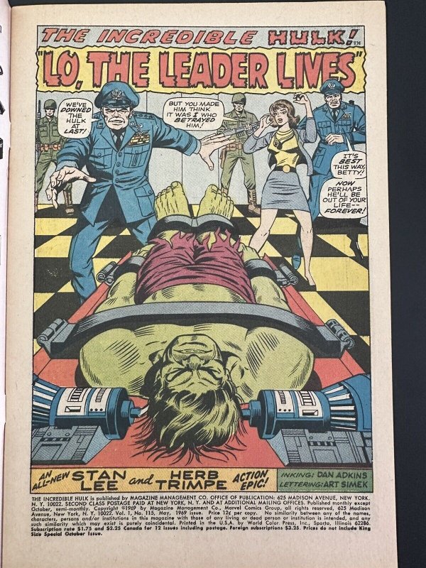 Incredible Hulk #115 FN+ Leader Appearance! Silver Age! (Marvel 1969)