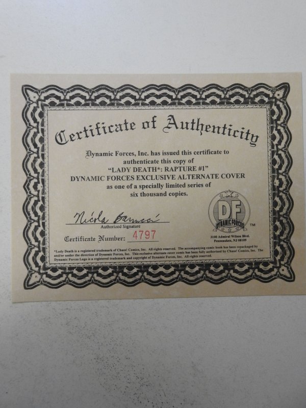 Lady Death: The Rapture #1 Dynamic Forces Cover (1999) NM- Condition! W/ COA!