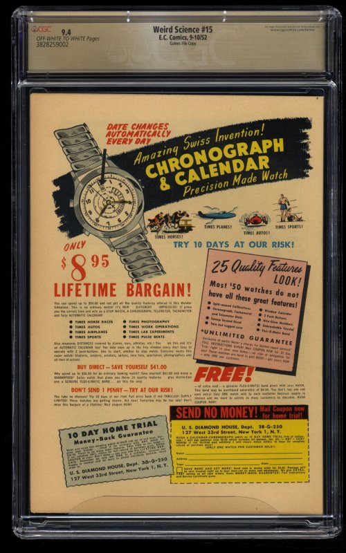 Weird Science #15 CGC NM 9.4 Off White to White Gaines File Copy