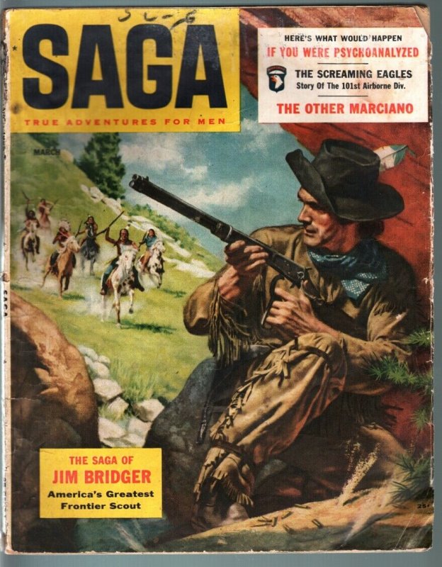 Saga Magazine March 1956-Mens Adventure- Rocky Marciano- Jim Bridger