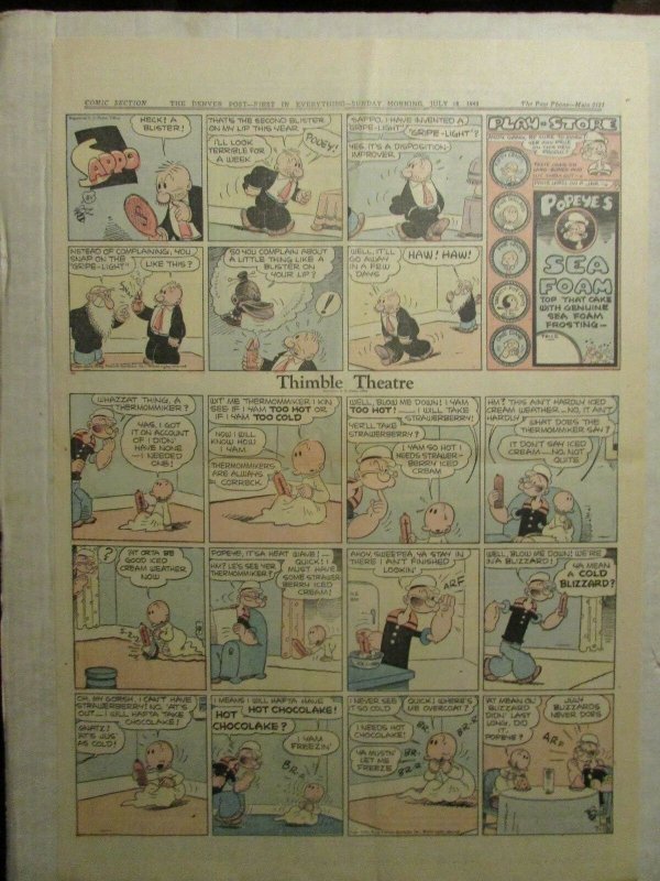 1943 July 18 SUNDAY COMIC PAGE 15x21 FN 6.0 Popeye / Gumps / Smilin Jack