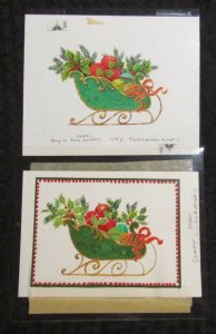 MERRY CHRISTMAS Sled w/ Ornaments & Rough 6.5x5.5 Greeting Card Art #X5011