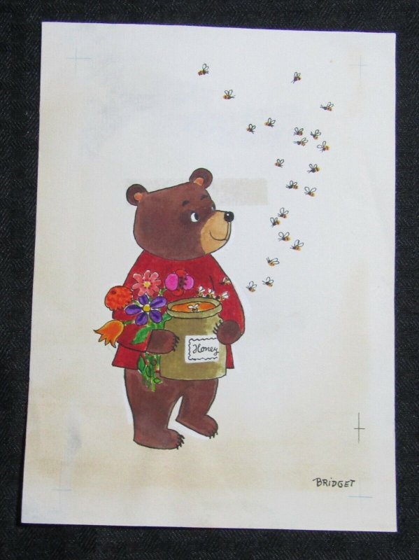 BIRTHDAY Cartoon Bear with Flowers Honey & Bees 5.5x8 Greeting Card Art #B9803