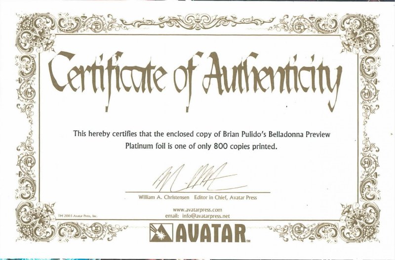 Brian Pulido's Belladonna Preview Platinum Foil Incentive Variant w/COA ...