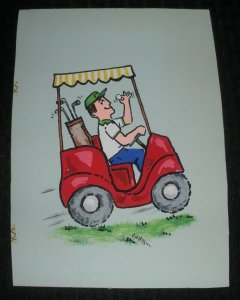 BIRTHDAY Golf Golfer on Cart w/ Clubs Ball 6.5x9 Greeting Card Art #7632