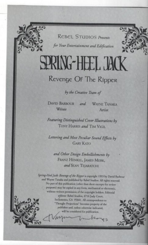 SPRING HELL JACK - Revenge of the RIPPER #2, Tim Vigil, VF/NM 1993 Signed Tanaka