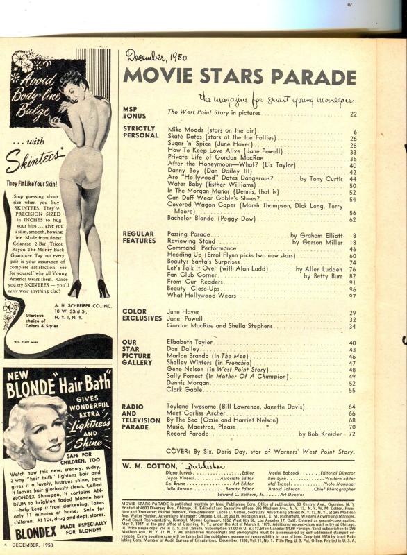 Movie Stars Parade-Doris Day-Shelley Winters-Clark Gable-Dec-1950