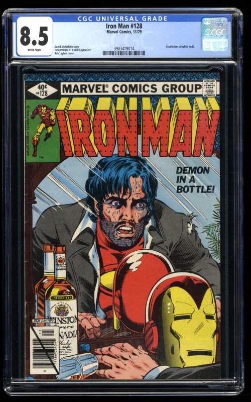 Iron Man #128 CGC VF+ 8.5 White Pages Demon in a Bottle!