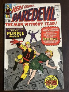 Daredevil #4 VG- 1st Appearance Killgrave, the Purple Man Marvel 1964 Silver Age