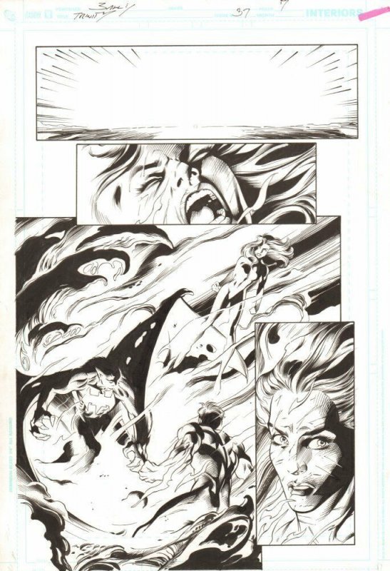 Trinity #37 p.7 - Superman, Batman, & Wonder Woman Battle by/signed Mark Bagley