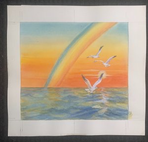 THINKING OF YOU Three Seagulls Over Ocean & Rainbow 9.5x9 Greeting Card Art #nn