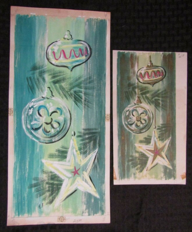 MERRY CHRISTMAS Ornaments on Branch w/ Star 2pcs 7x15 Greeting Card Art #25F