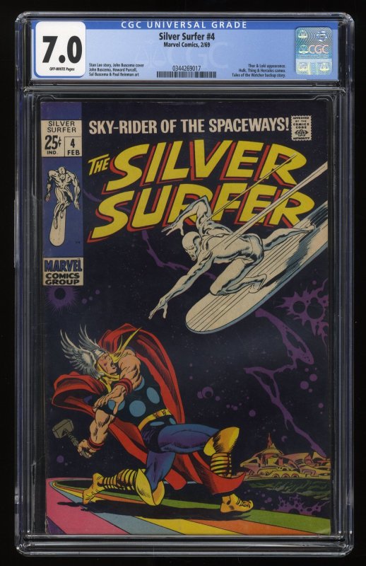 Silver Surfer #4 CGC FN/VF 7.0 Off White vs Thor! Loki Appearance! Iconic Book!