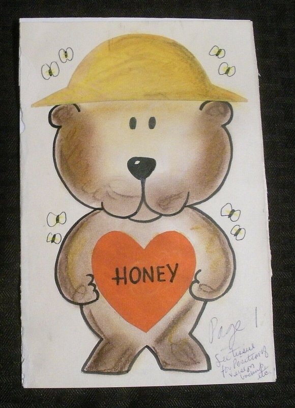 VALENTINE Cartoon Teddy Bear w/ Honey Heart 5.5x8.5 Greeting Card Art #nn