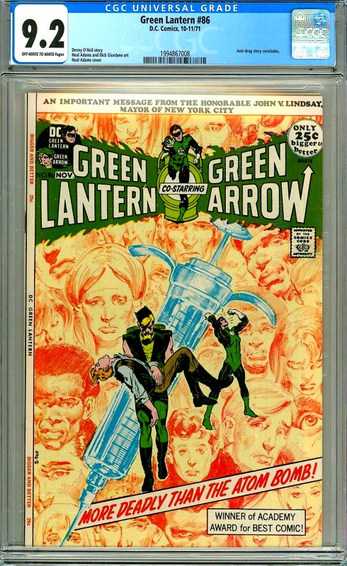 Green Lantern 86 (CGC 9.2) OW/W pgs; Adams; Anti-drug story concludes