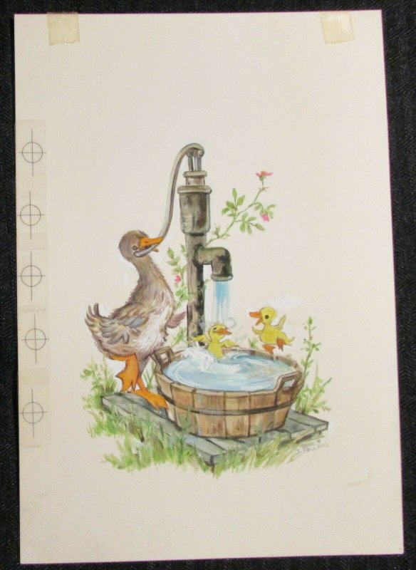 HAPPY EASTER Duck & Chicks Playing Water Spigot 6x8.75 Greeting Card Art #2423