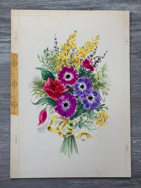 EASTER Purple & Violet Flowers w/ Yellow Ribbon 8x11.25 Greeting Card Art E2868