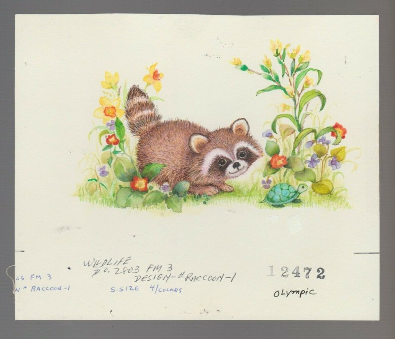 WILDLIFE Cute Raccoon with Turtle in Garden 7x6 Greeting Card Art #12472