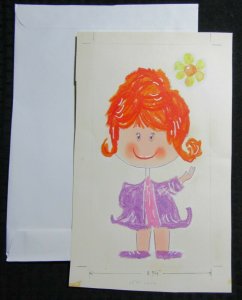 MISSING YOU Cute Girl Purple Shirt Orange Hair 7.5x12 Greeting Card Art #M1402