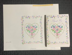 THANK YOU NOTE Pink Flowers & Heart 9.5x8 Greeting Card Art #2026 w/ 17 Cards