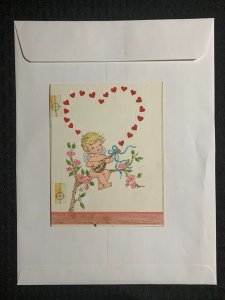 VALENTINES DAY Angel Playing Mandolin with Hearts 5x6.5 Greeting Card Art V3510