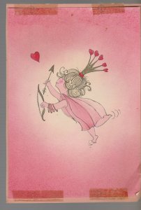 VALENTINE Cute Cupid Girl w/ Heart Crown & Bow 6.25x9 Greeting Card Art #V3243