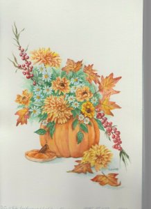 PUMPKIN FLOWERS & LEAVES 8x12 #7953 Thanksgiving Greeting Card Art